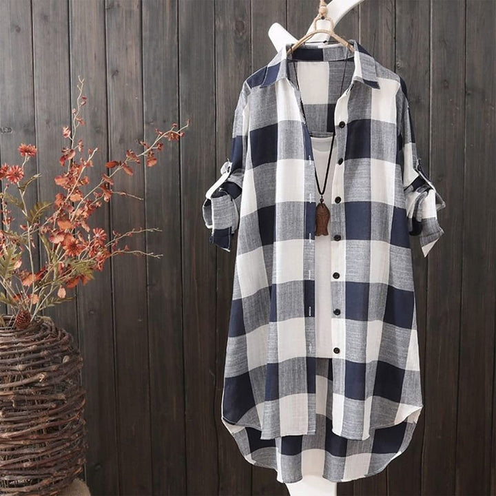 Womens Plaid Long Shirt Jacket Lounge Lapel Button Up Long Sleeve High Low Long Shacket Tunic Tops Image 2