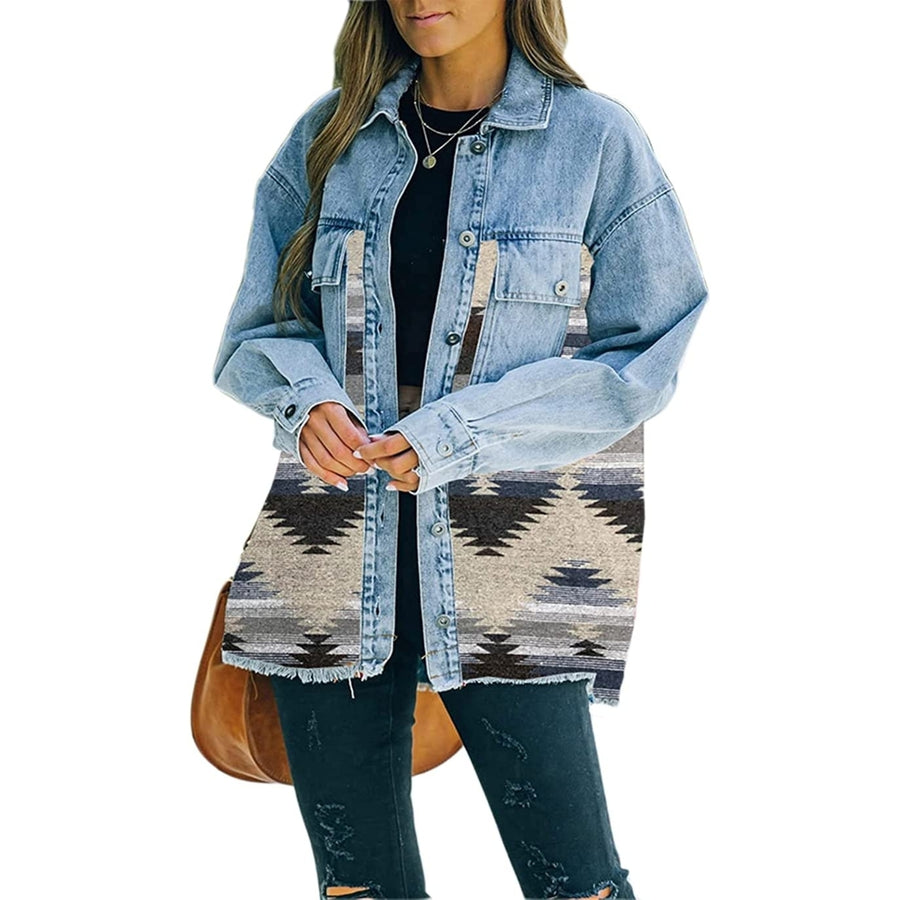 Womens Aztec Shacket Distressed Lapel Long Sleeve Button Down Jean Denim Jacket Coat Image 1