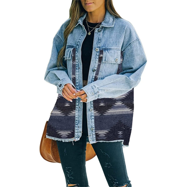 Womens Aztec Shacket Distressed Lapel Long Sleeve Button Down Jean Denim Jacket Coat Image 4