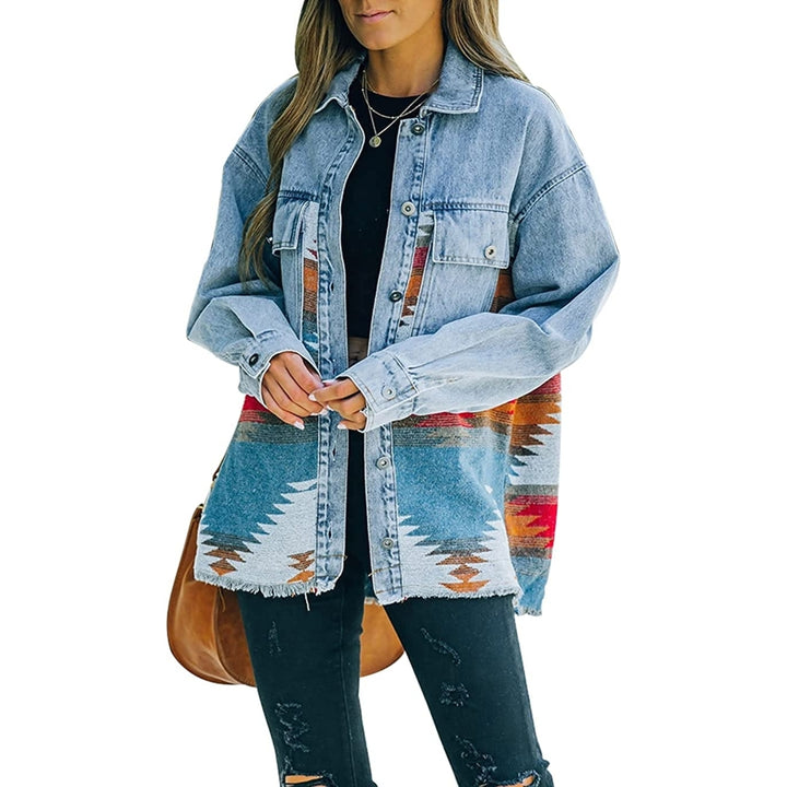 Womens Aztec Shacket Distressed Lapel Long Sleeve Button Down Jean Denim Jacket Coat Image 4