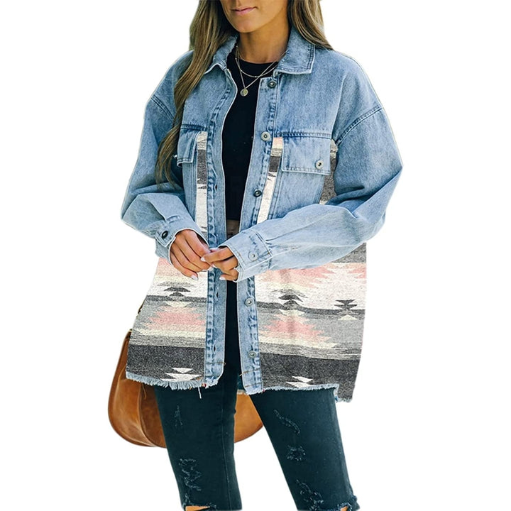 Womens Aztec Shacket Distressed Lapel Long Sleeve Button Down Jean Denim Jacket Coat Image 6