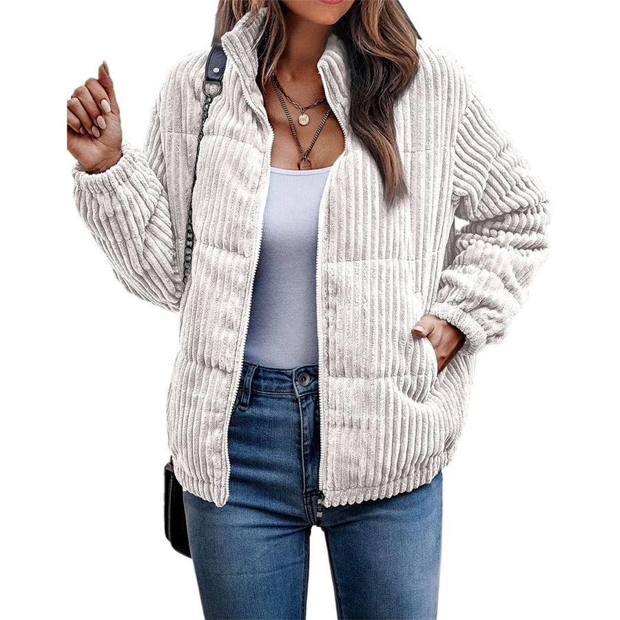 Womens Bomber Jacket Corduroy Ribbed Quilted Zip Up Long Sleeve Winter Coat Fall Outerwear Tops with Pockets Image 1