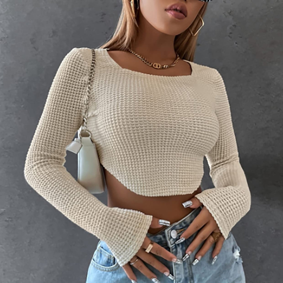 Women Long Sleeve Knitted Solid Crop Top Square Neck Fitted Asymmetrical Hem Cropped Tee Shirts Image 2