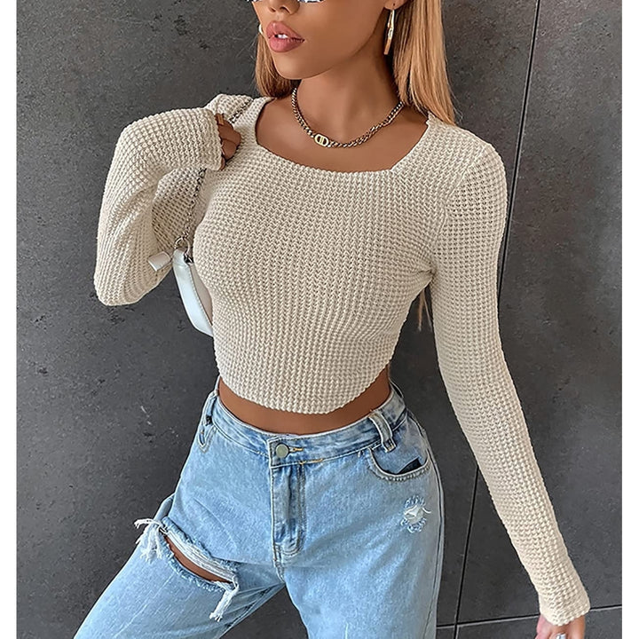 Women Long Sleeve Knitted Solid Crop Top Square Neck Fitted Asymmetrical Hem Cropped Tee Shirts Image 3