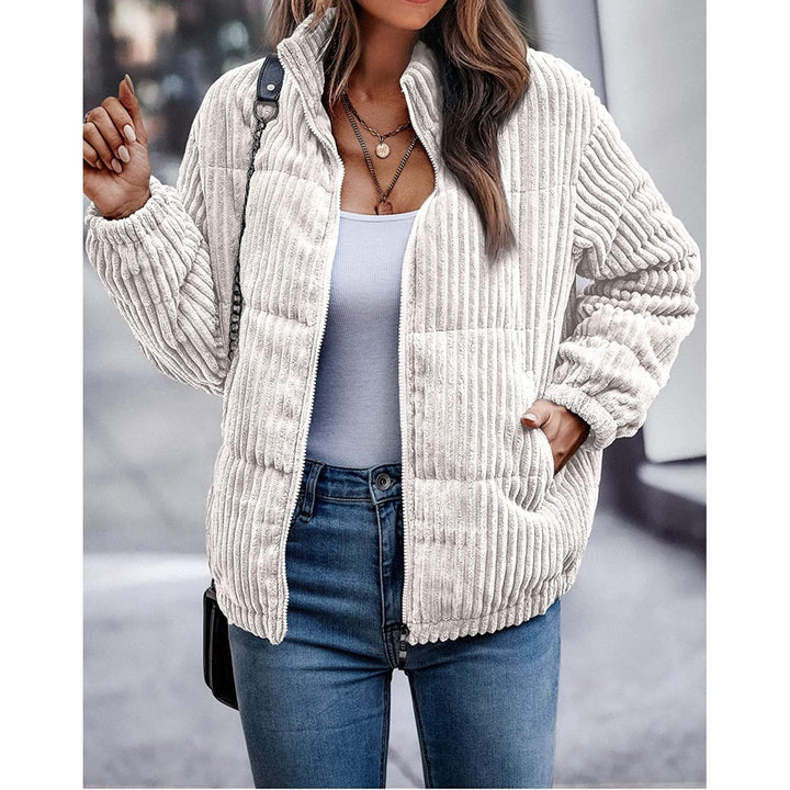 Womens Bomber Jacket Corduroy Ribbed Quilted Zip Up Long Sleeve Winter Coat Fall Outerwear Tops with Pockets Image 3