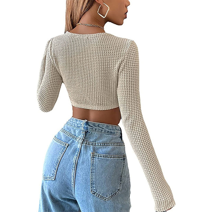 Women Long Sleeve Knitted Solid Crop Top Square Neck Fitted Asymmetrical Hem Cropped Tee Shirts Image 4