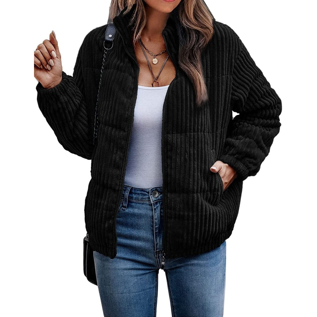 Womens Bomber Jacket Corduroy Ribbed Quilted Zip Up Long Sleeve Winter Coat Fall Outerwear Tops with Pockets Image 4