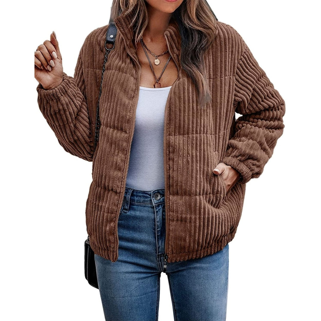 Womens Bomber Jacket Corduroy Ribbed Quilted Zip Up Long Sleeve Winter Coat Fall Outerwear Tops with Pockets Image 6