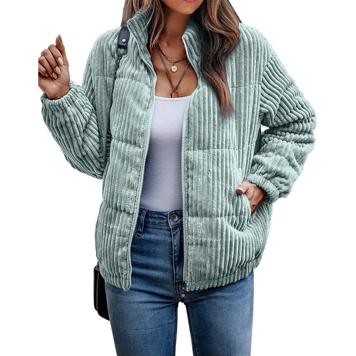 Womens Bomber Jacket Corduroy Ribbed Quilted Zip Up Long Sleeve Winter Coat Fall Outerwear Tops with Pockets Image 7