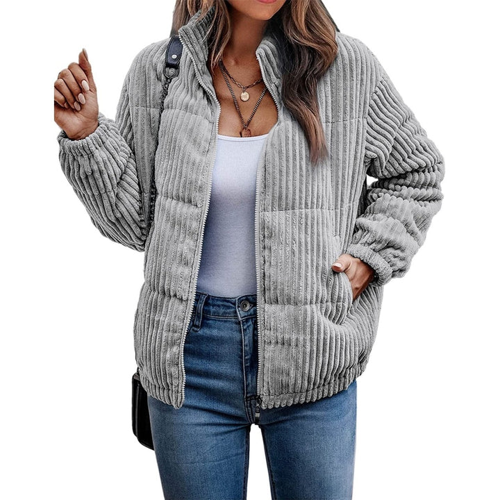 Womens Bomber Jacket Corduroy Ribbed Quilted Zip Up Long Sleeve Winter Coat Fall Outerwear Tops with Pockets Image 8