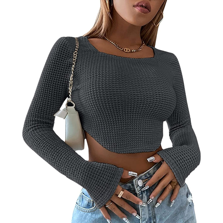 Women Long Sleeve Knitted Solid Crop Top Square Neck Fitted Asymmetrical Hem Cropped Tee Shirts Image 9