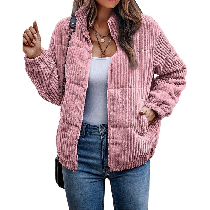 Womens Bomber Jacket Corduroy Ribbed Quilted Zip Up Long Sleeve Winter Coat Fall Outerwear Tops with Pockets Image 9