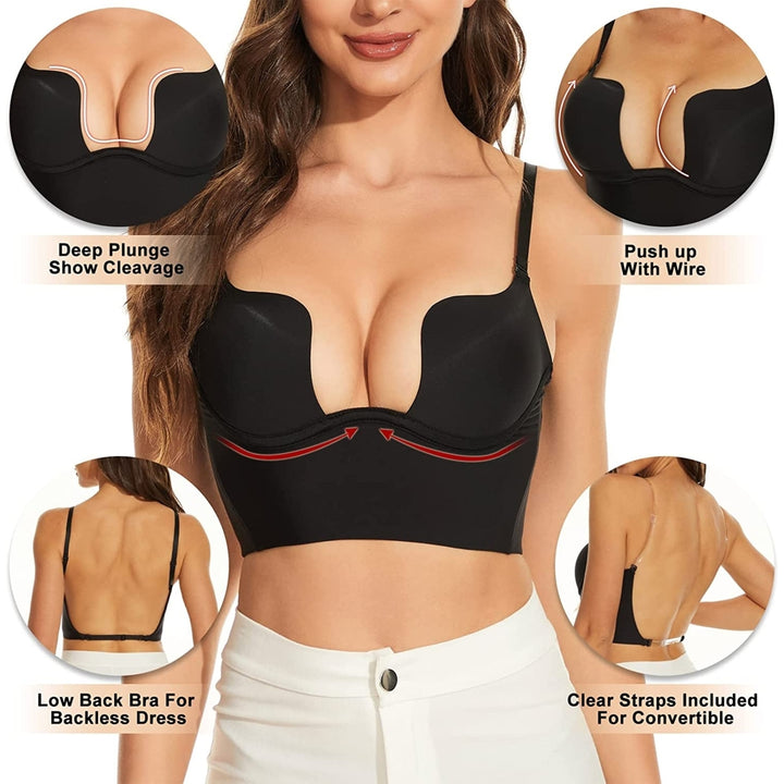 Womens Low Back Bra Wire Lifting Deep U Shaped Plunge Backless Bra with Convertible Strap Multiway for Low Back Dress Image 3