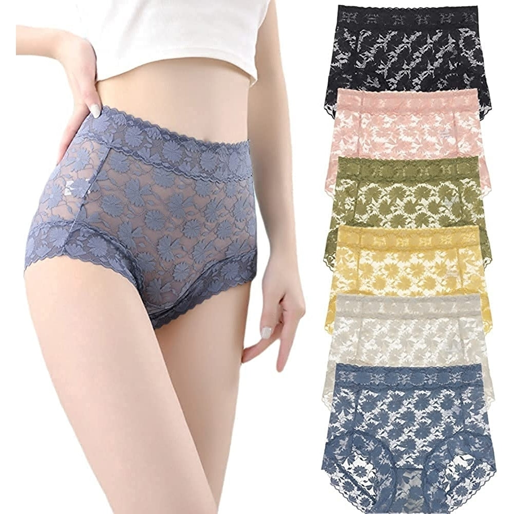 Womens French Ice Silk Lace Belly Panties High Waisted Ladies Briefs Sexy Underwear for Women 6-Pack Image 1