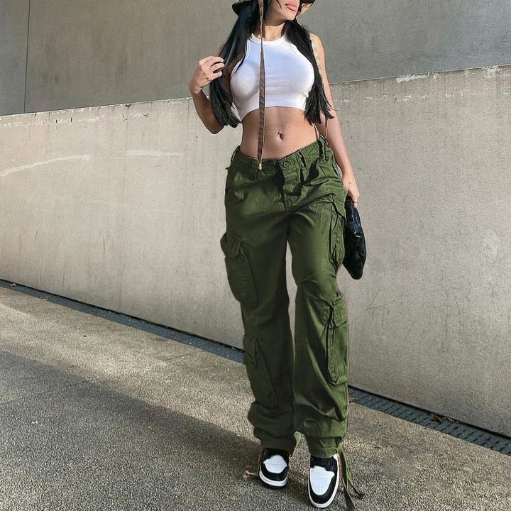 Women Baggy Hip Hop Cargo Pants with Pocket Y2k Low Waist Drawstring Loose Joggers Cargo Trousers Casual Streetwear Image 2