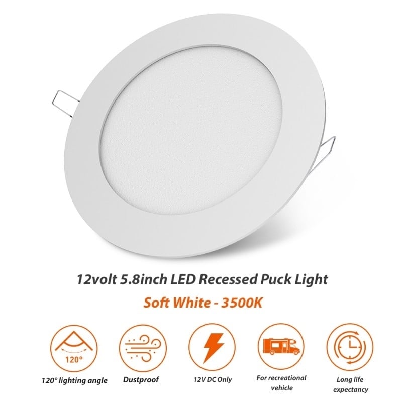 12V LED RV Interior Recessed Ceiling Light 5.8 inch Soft White 3500K Aluminum Image 2