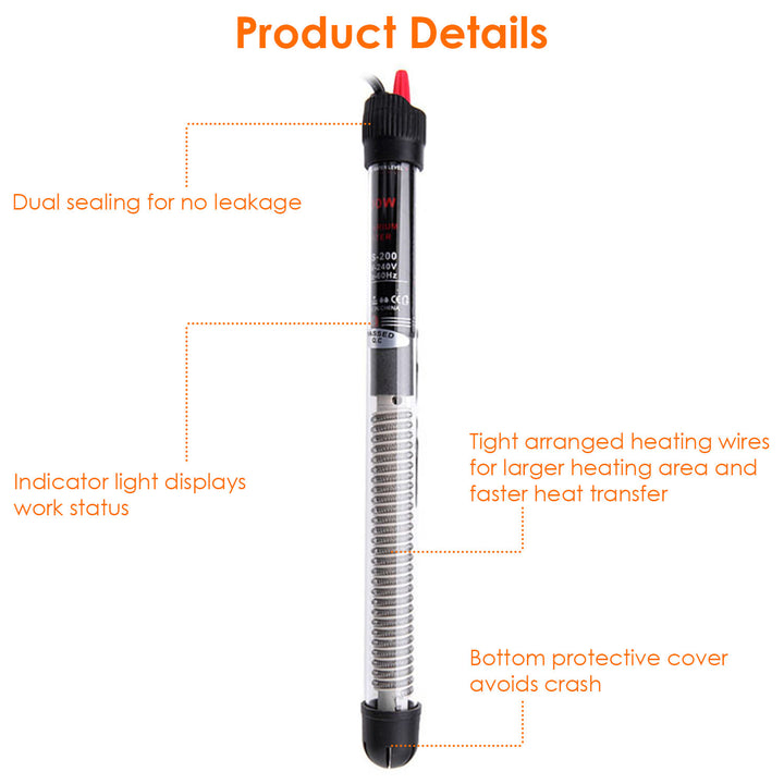 Submersible Aquarium Heater Adjustable Fish Tank Heater Thermostat Water Heating Rod with 2 Suction Cups Image 3