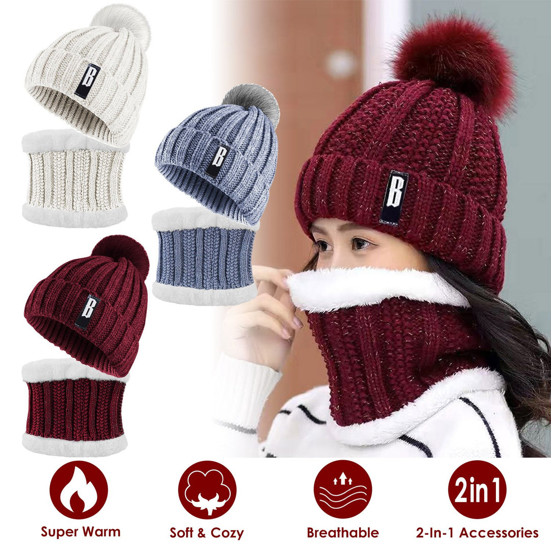 Winter Beanie Hat Scarf Set Women Warm Knitting Acrylic Neck Warmer Gray Red Image 1