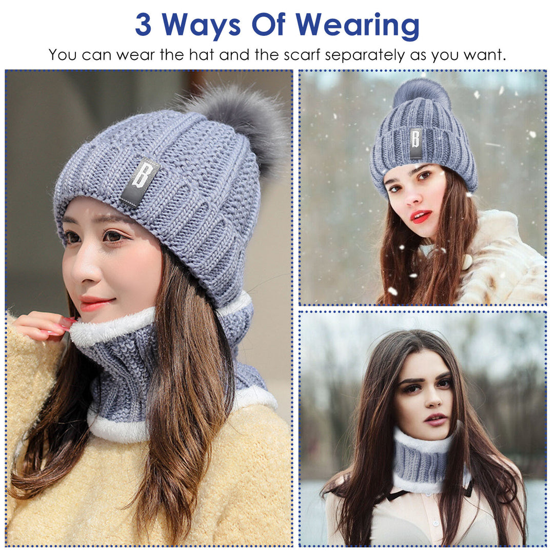 Winter Beanie Hat Scarf Set Women Warm Knitting Acrylic Neck Warmer Gray Red Image 6