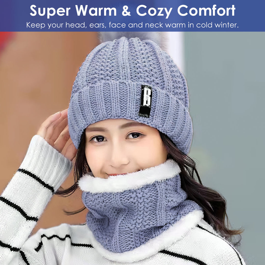 Winter Beanie Hat Scarf Set Women Warm Knitting Acrylic Neck Warmer Gray Red Image 7