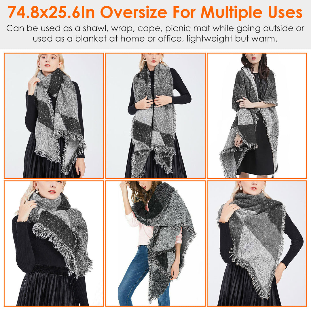 Women Winter Warm Scarf 74.8 Plus 25.6In Long Soft Knitted Shawl Extra Thick Plaid Blanket Wrap Cape Image 3