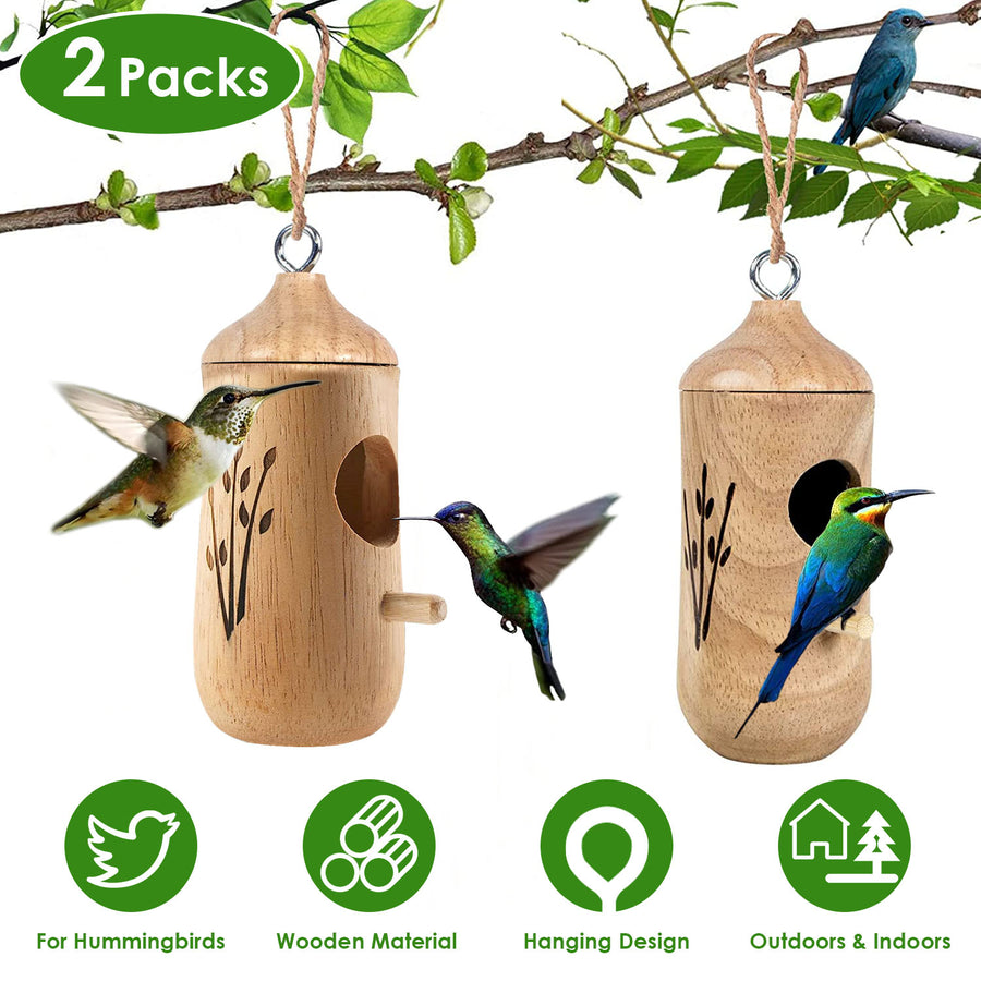 2 Packs Humming Bird Houses for Outside Wooden Hanging Bird Nest Feeder Image 1