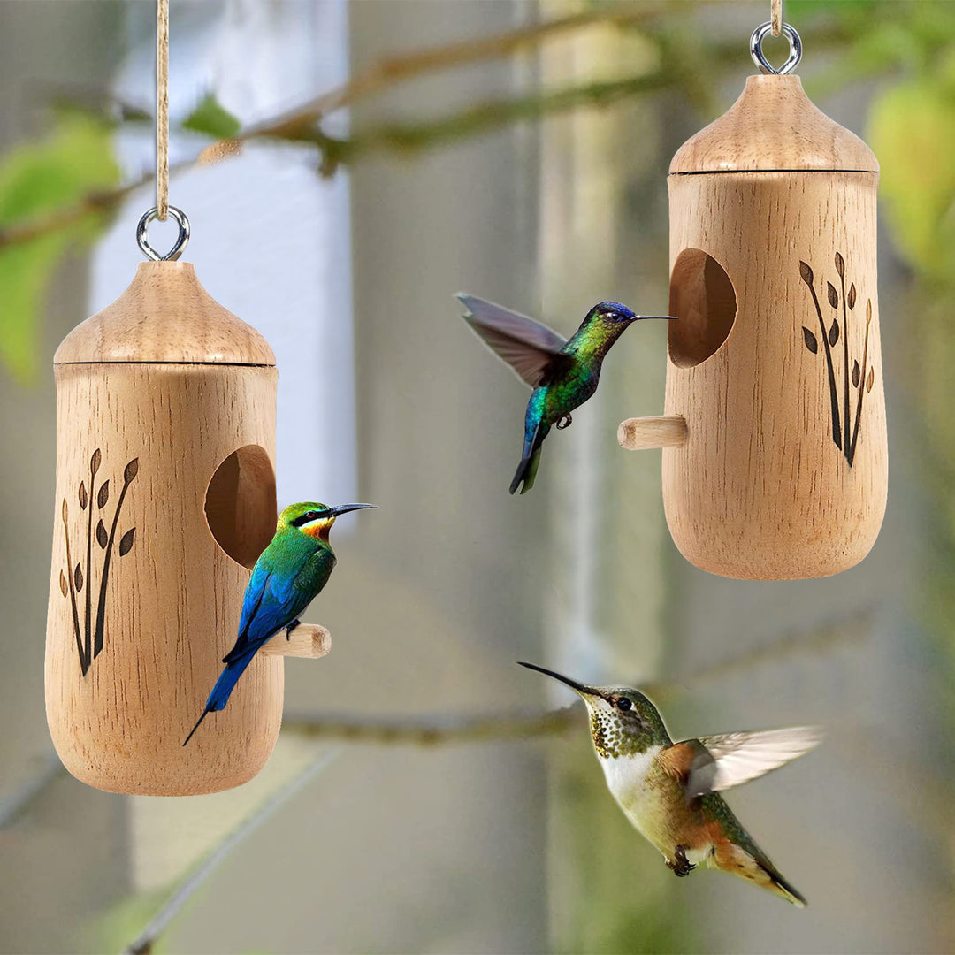 2 Packs Wooden Hummingbird Houses Outdoor Nest Feeders Natural Wood 4.7x2in Image 4