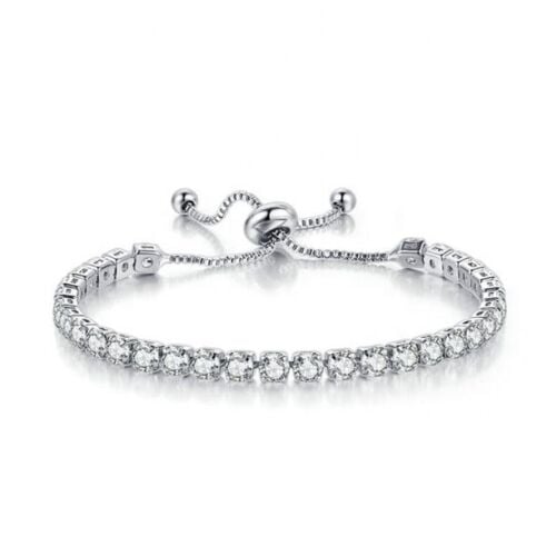 Paris Jewelry 18k White Gold Created White Sapphire Adjustable Tennis Bracelet Image 1