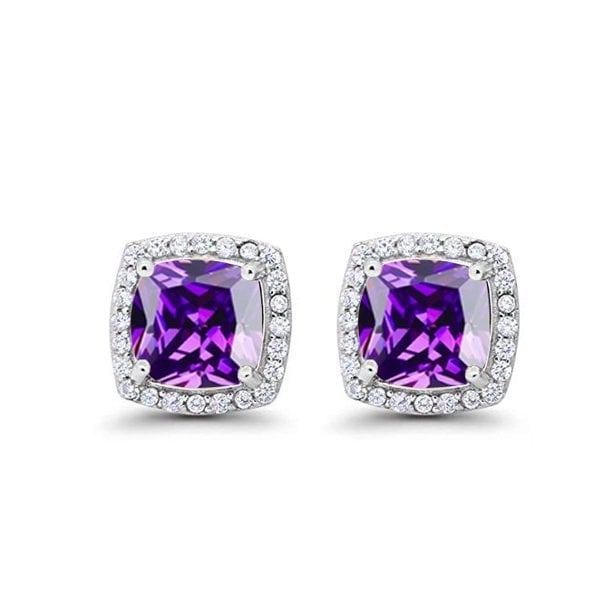 Paris Jewelry 18k White Gold Plated 2 Ct Created Halo Princess Cut Amethyst CZ Stud Earrings Image 7