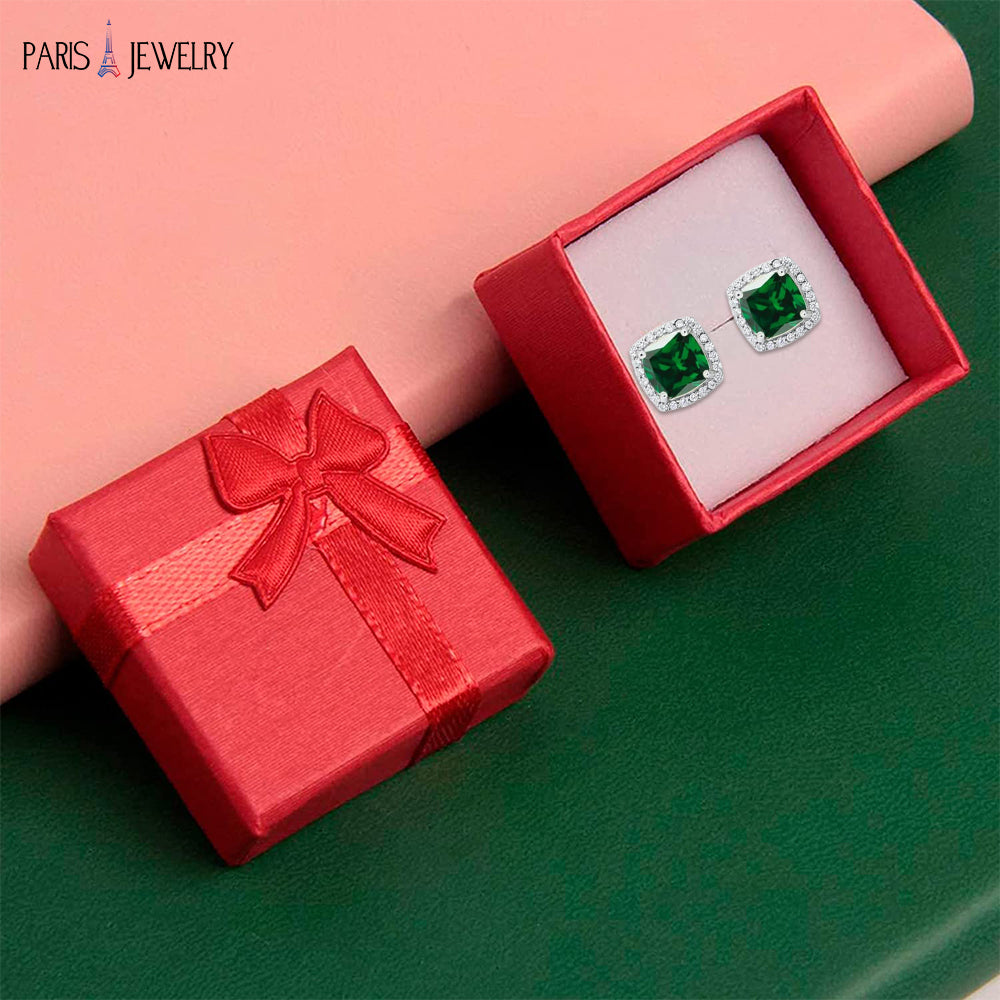 Paris Jewelry 18k White Gold 4 Ct Created Halo Princess Cut Emerald CZ Stud Earrings Plated Image 4