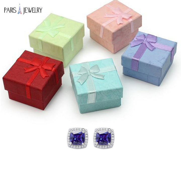 Paris Jewelry 18k White Gold 2 Ct Created Halo Princess Cut Blue Sapphire CZ Stud Earrings Plated Image 3