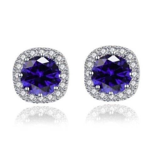 Paris Jewelry 10k White Gold 2 Ct Round Created Blue Sapphire CZ Halo Stud Earrings Plated Image 1