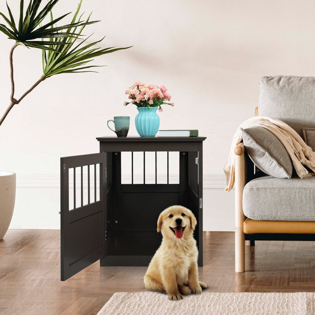 Wood Dog Crate Furniture End Table Designed Dog Kennel with Side Slats Brown Image 2