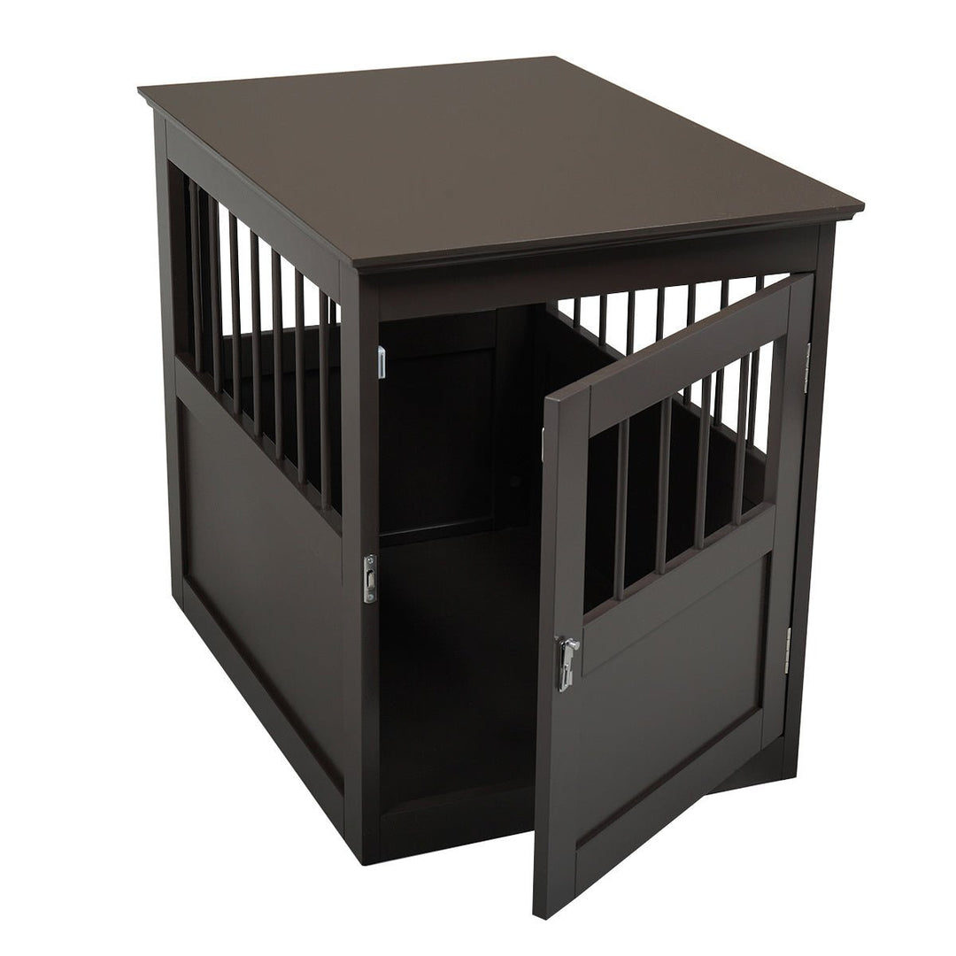 Wood Dog Crate Furniture End Table Designed Dog Kennel with Side Slats Brown Image 4