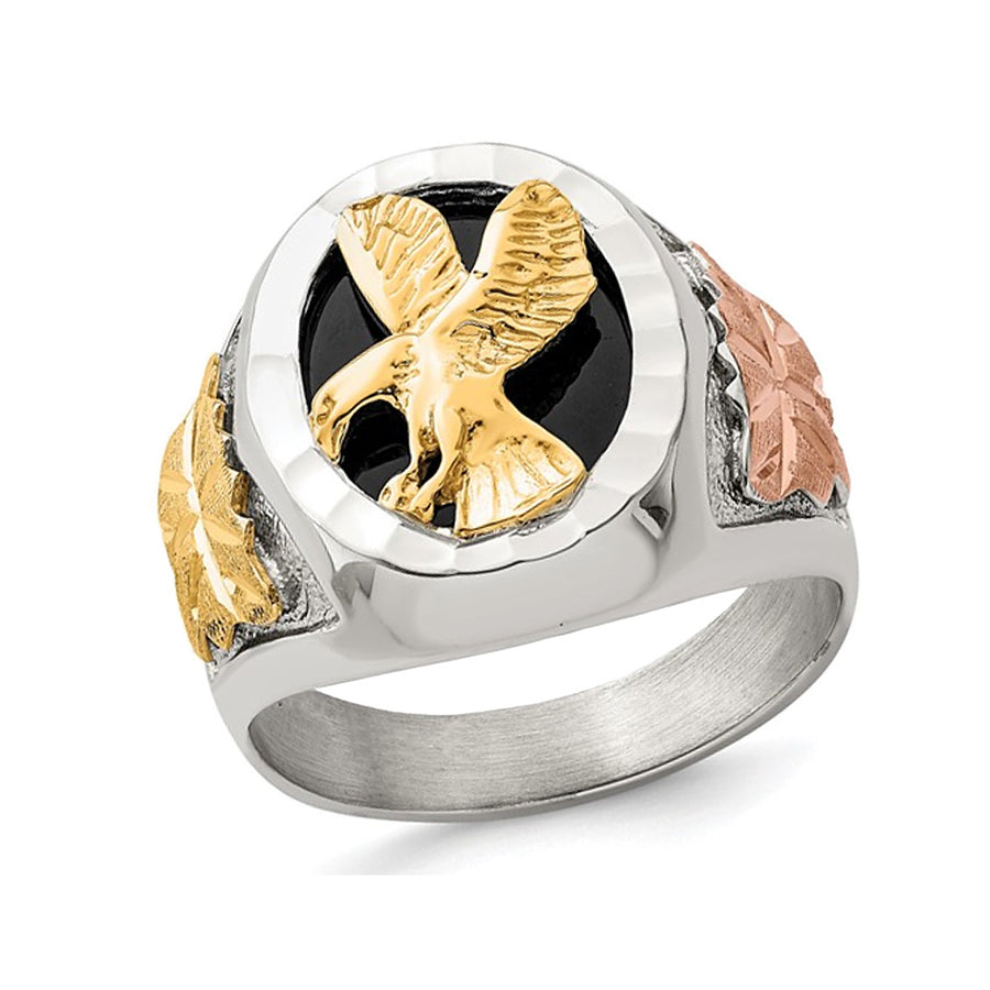 Mens Flying Eagle Sterling Silver Ring with Black Enamel Image 1