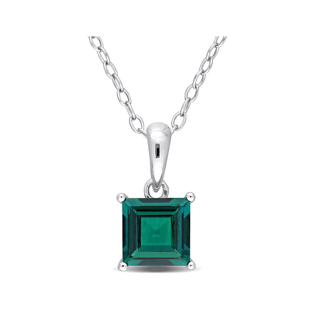 1.15 Carat (ctw) Princess-Cut Lab-Created Emerald Solitaire Pendant Necklace in Sterling Silver with Chain Image 1