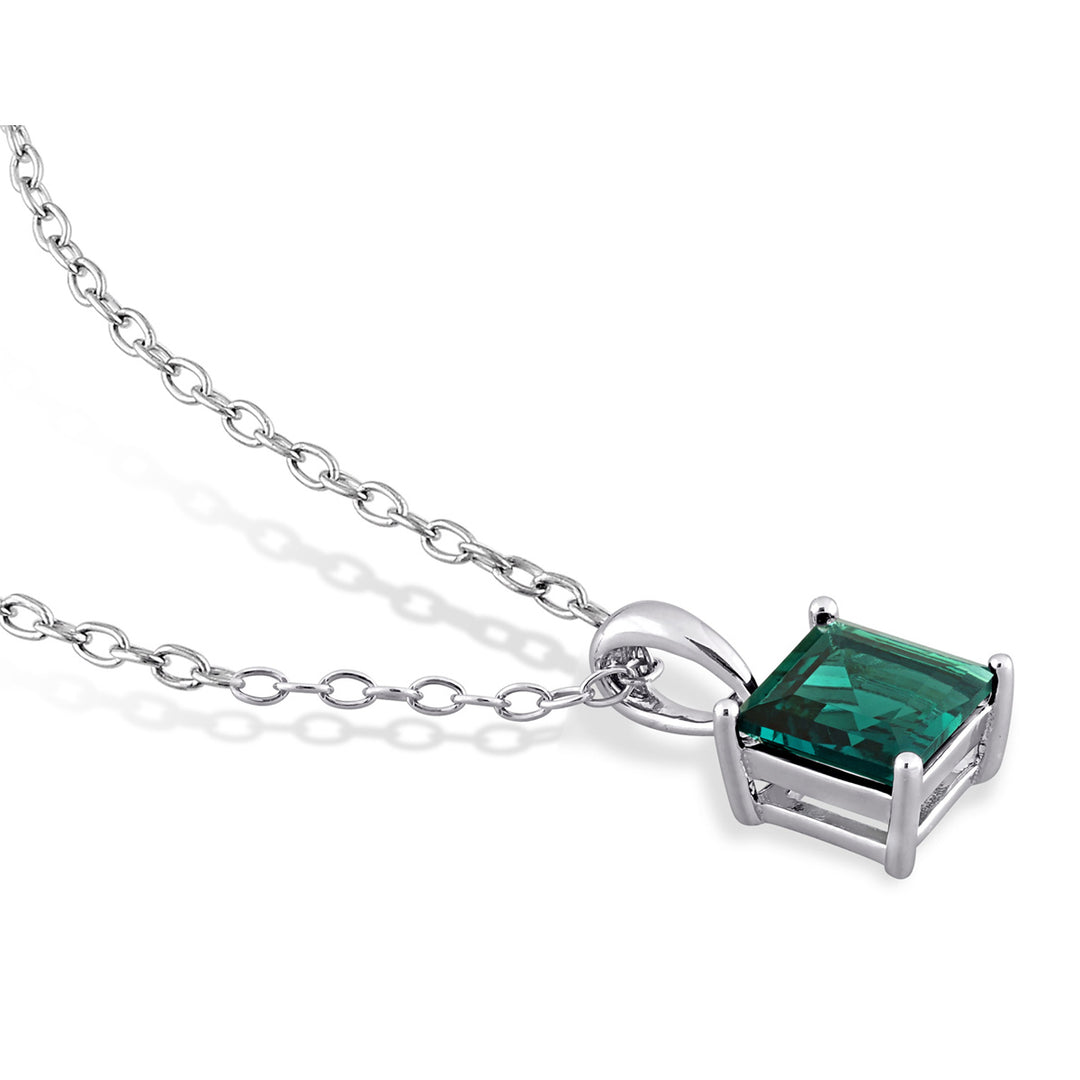1.15 Carat (ctw) Princess-Cut Lab-Created Emerald Solitaire Pendant Necklace in Sterling Silver with Chain Image 3