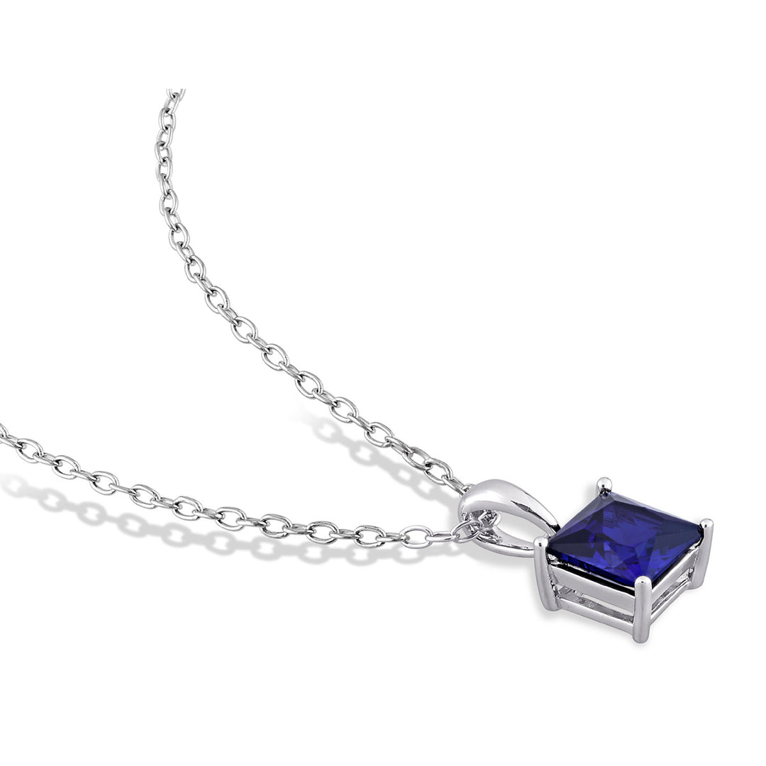 1.34 Carat (ctw) Princess-Cut Lab-Created Blue Sapphire Solitaire Pendant Necklace in Sterling Silver with Chain Image 3