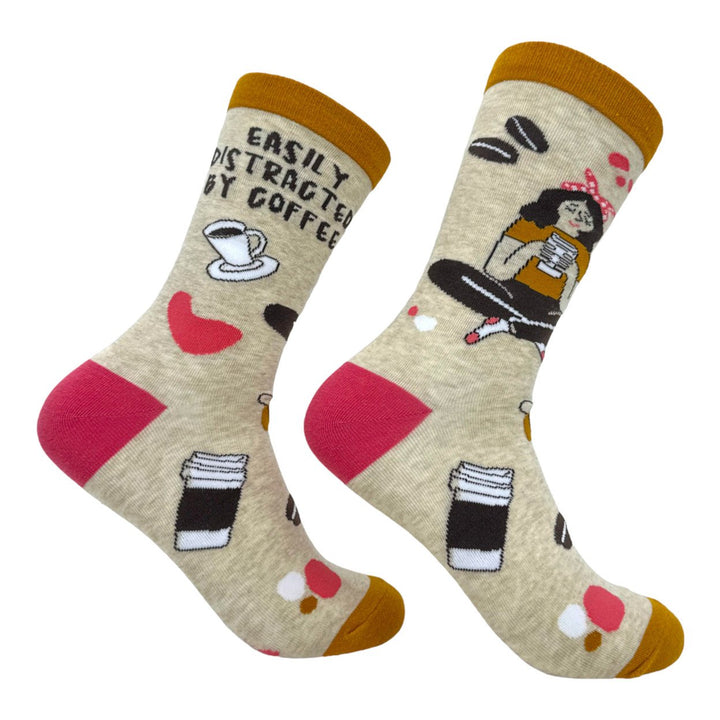 Womens Easily Distracted By Coffee Socks Funny Cute Caffeine Lovers Footwear Image 1