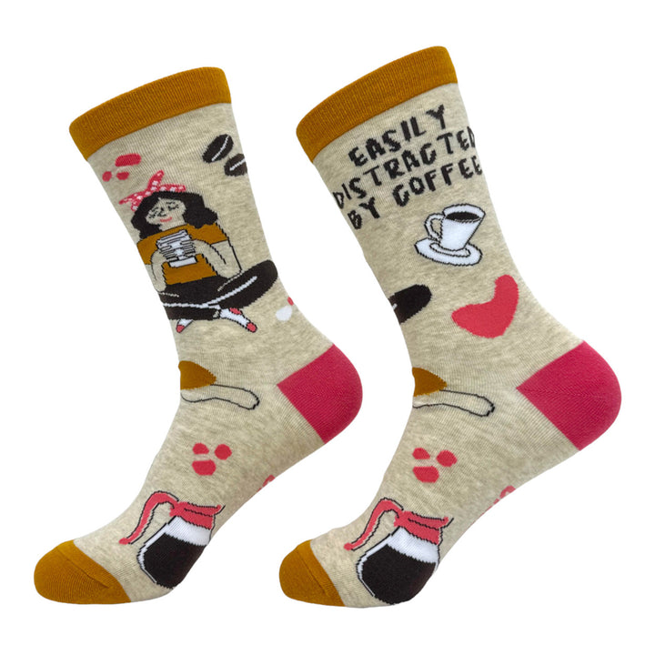 Womens Easily Distracted By Coffee Socks Funny Cute Caffeine Lovers Footwear Image 2