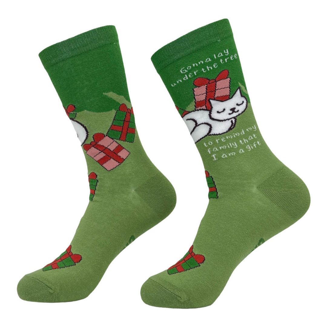 Womens Gonna Lay Under The Tree To Remind My Family I Am A Gift Socks Funny Xmas Kitten Footwear Image 2