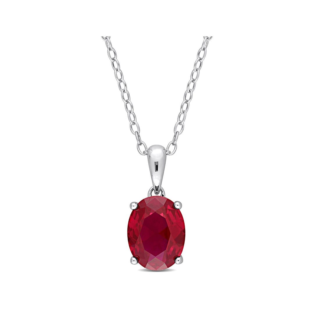 2.95 Carat (ctw) Lab-Created Ruby Solitaire Oval Pendant Necklace in Sterling Silver with Chain Image 1