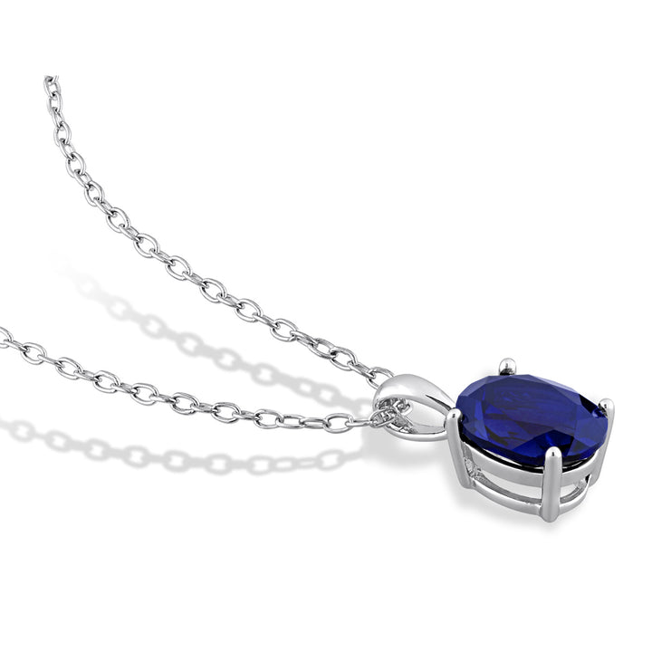 2.95 Carat (ctw) Lab-Created Blue Sapphire Solitaire Oval Pendant Necklace in Sterling Silver with Chain Image 4