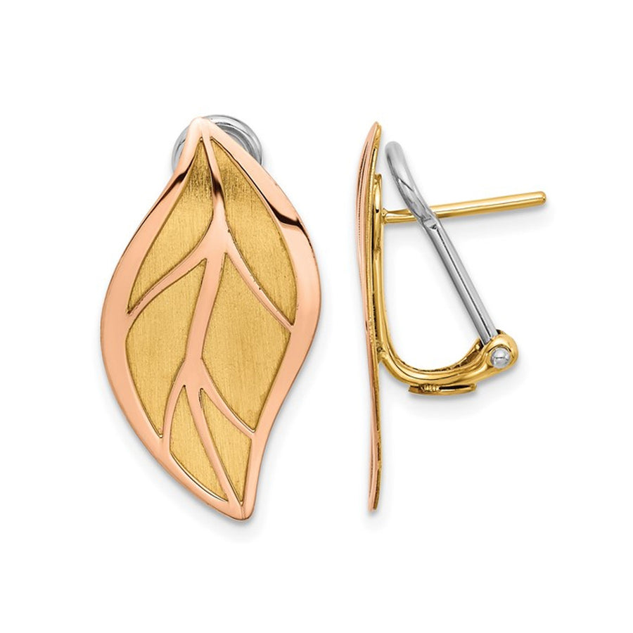 14K Rose and Yellow Gold Brushed Leaf Earrings with Omega Backs Image 1