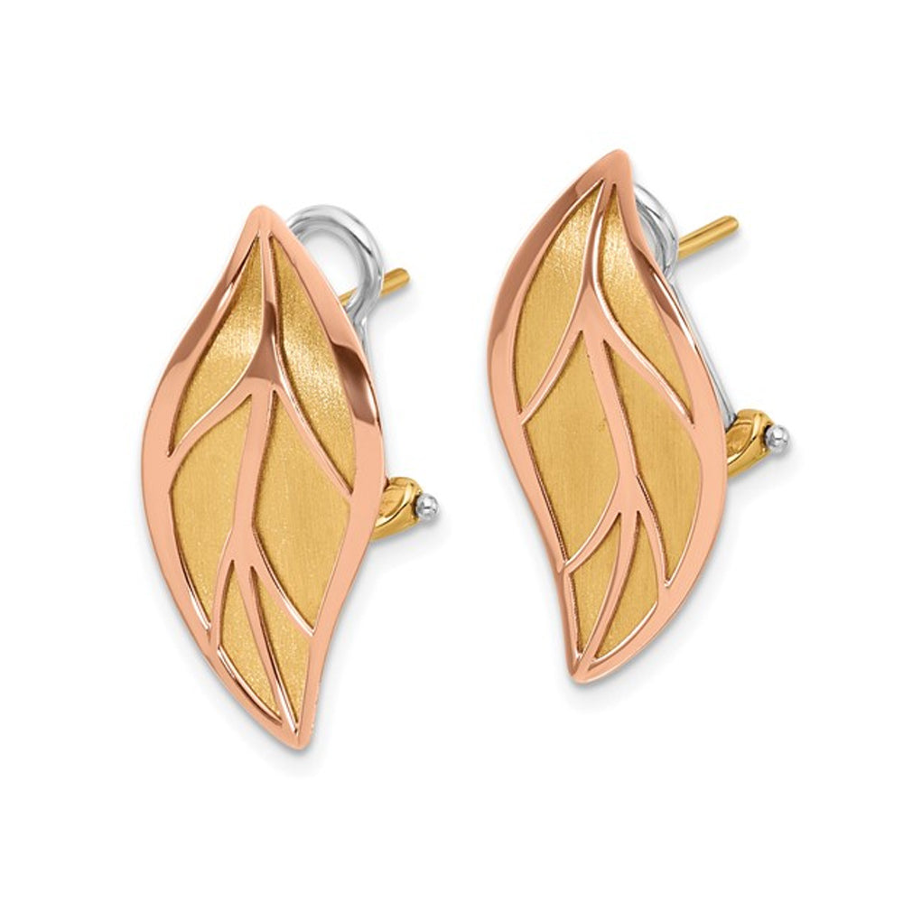 14K Rose and Yellow Gold Brushed Leaf Earrings with Omega Backs Image 2