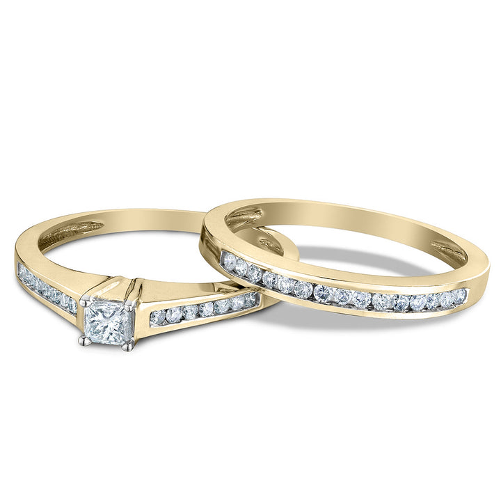 1/2 Carat (ctw H-II1-I2) Princess Cut Diamond Engagement Ring and Wedding Band Set 14K Yellow Gold Image 4