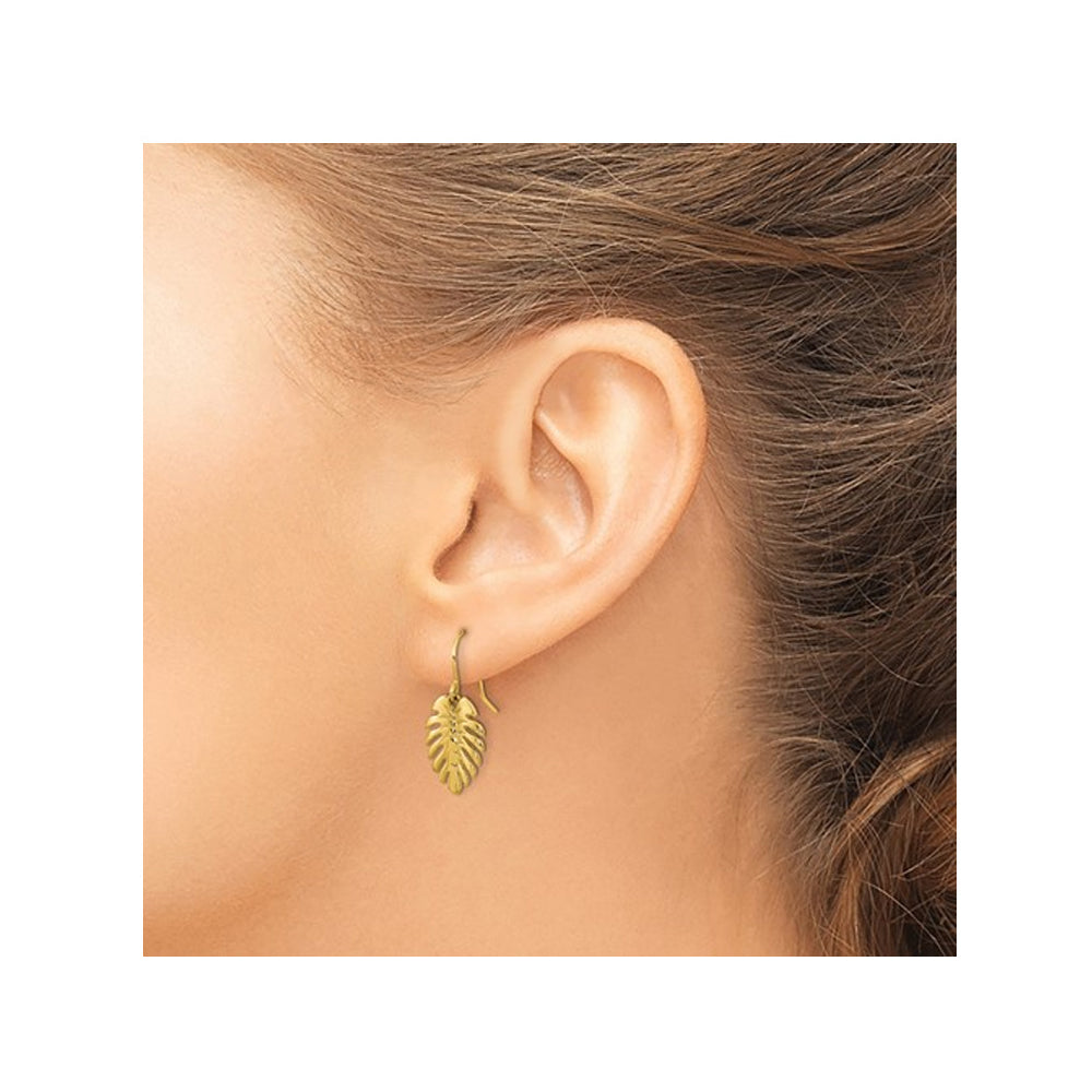 14K Yellow Gold Palm Leaf Dangle Earrings Image 3