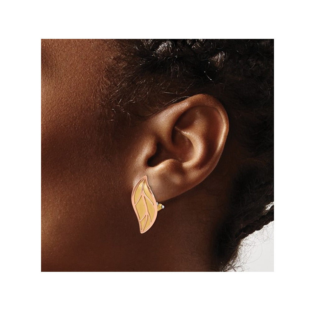 14K Rose and Yellow Gold Brushed Leaf Earrings with Omega Backs Image 3