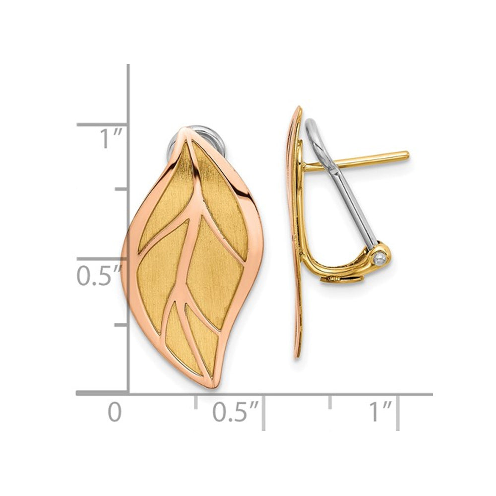 14K Rose and Yellow Gold Brushed Leaf Earrings with Omega Backs Image 4