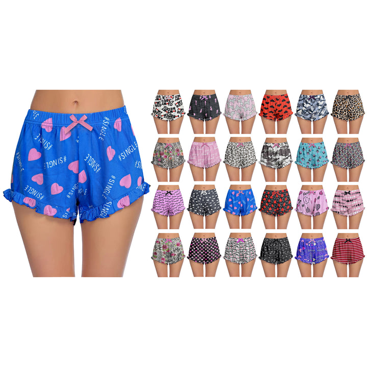 3-Pack: Womens Soft Printed Pajama Shorts with Ruffled Hem for Sleepwear Image 1